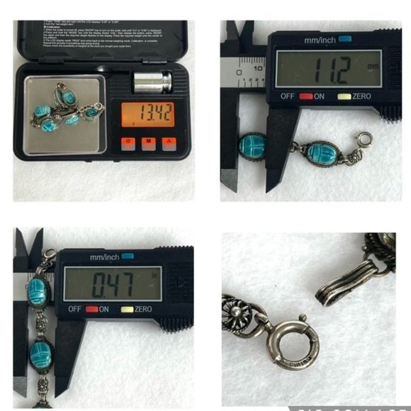 VTG Sterling Silver 925 Faience Glazed Ceramic Blue Scarab Link Bracelet 7" - Picture 10 of 16